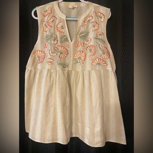 Entro 1X sleeveless linen embroidered top